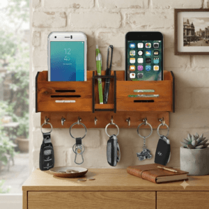 Premium Wooden Wall-Mounted Organizer with Key Holder & Phone Stand