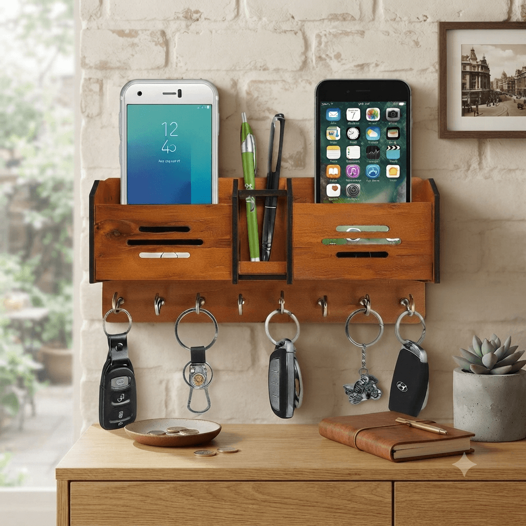 Premium Wooden Wall-Mounted Organizer with Key Holder & Phone Stand - Image 2