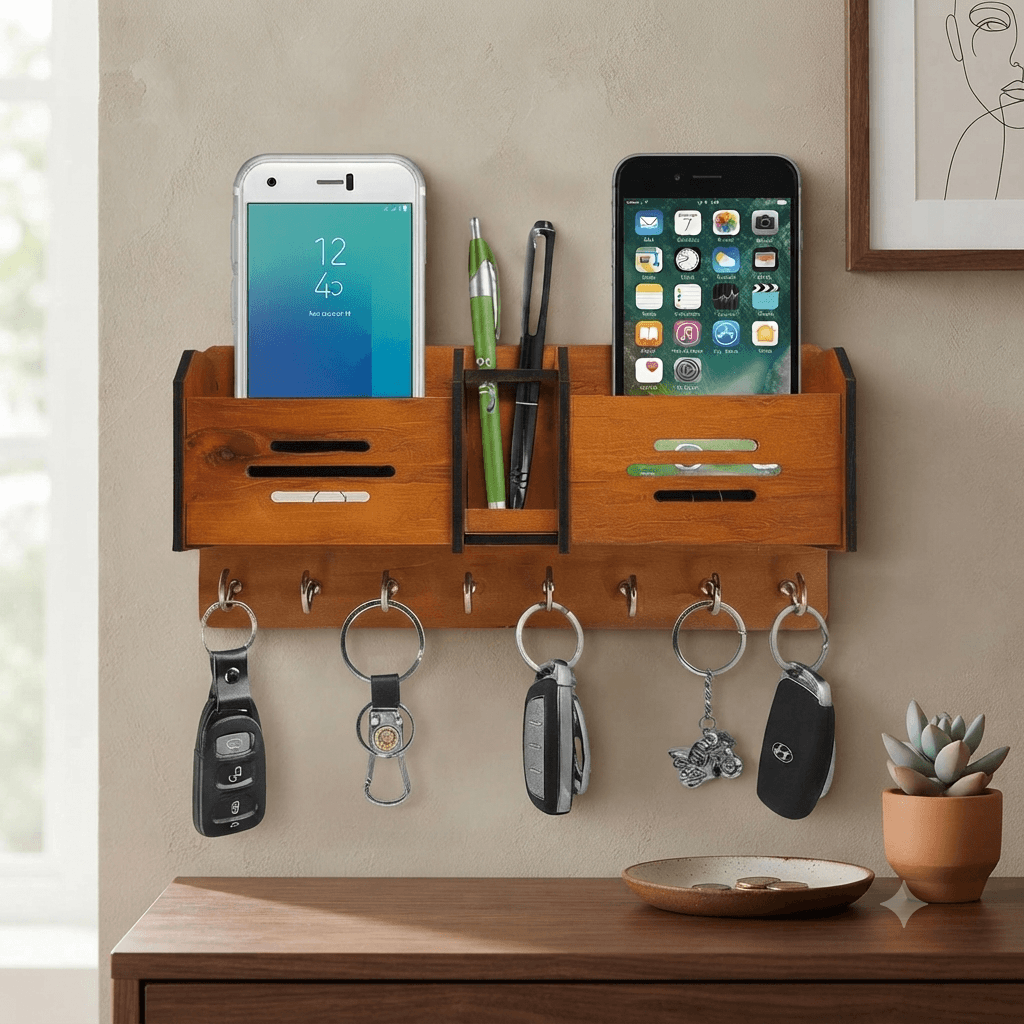 Premium Wooden Wall-Mounted Organizer with Key Holder & Phone Stand