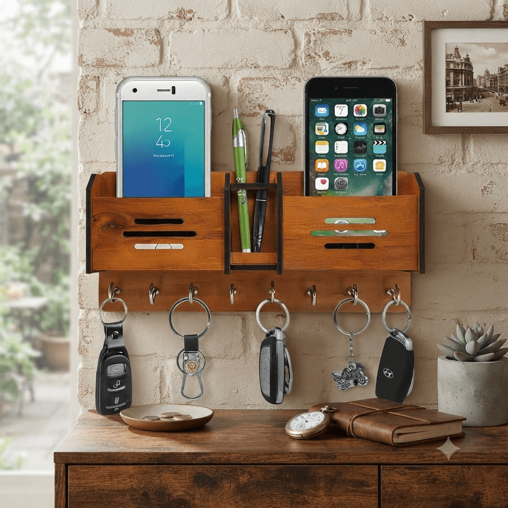 Premium Wooden Wall-Mounted Organizer with Key Holder & Phone Stand - Image 3